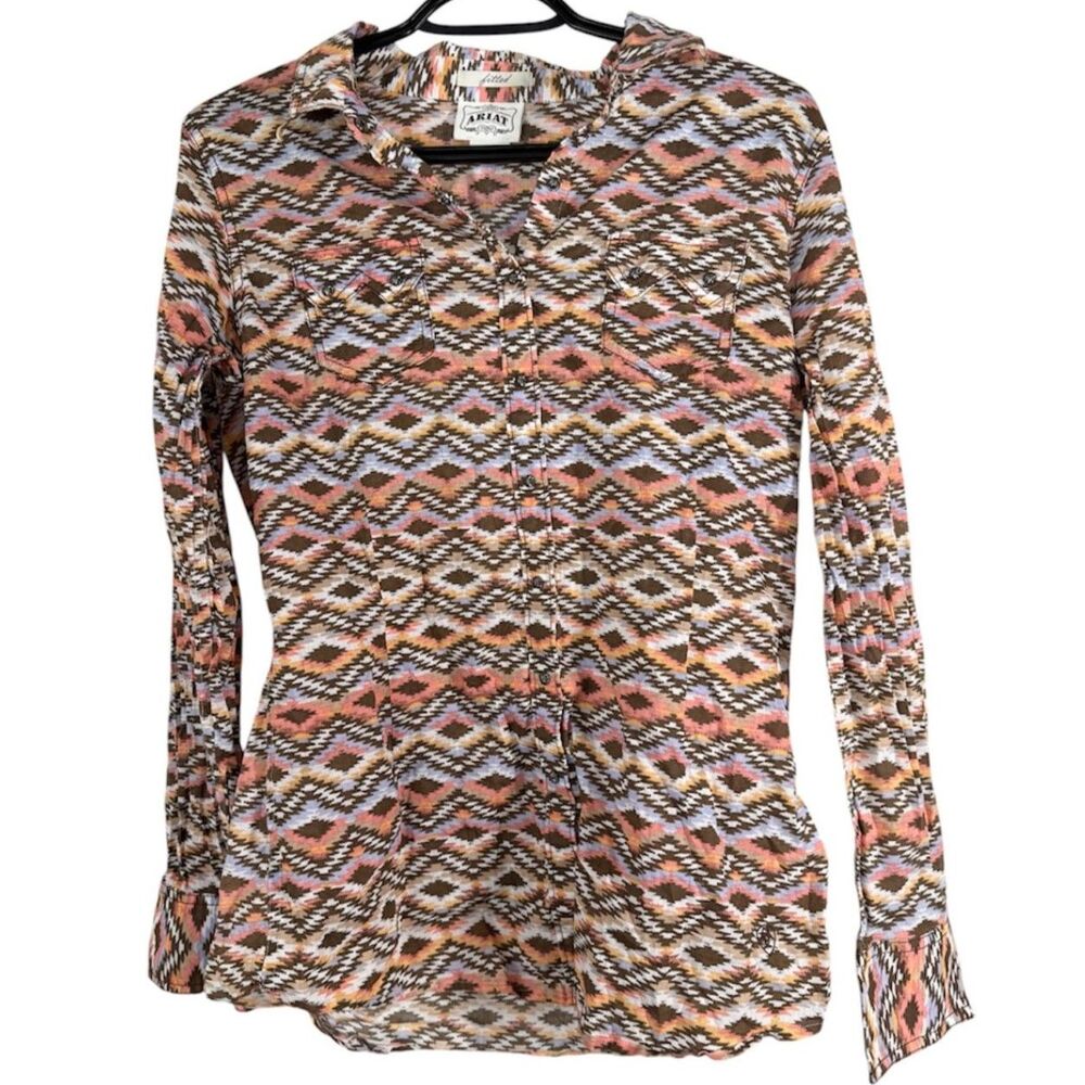 Ariat Womens fitted Aztec Western Print Top Sz L Rodeo Cowgirl Long Sleeve